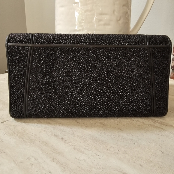 Genuine Stingray Skin Pebble Black Clutch Trifold Wallet Magnetic Closure - Picture 5 of 16